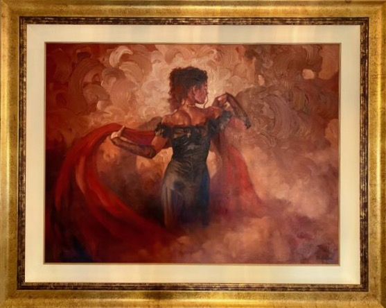 Mark Spain woman reverse contemporary black red billowing scarf dynamic movement elegant grand contemporary for sale oil canvas