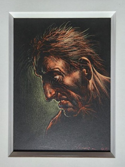 Peter Howson pastel head study portrait bust dark light shadows mythological strong man hair green black white mounted contemporary