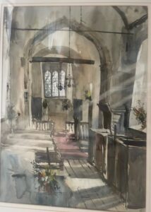 John hoar Church interior grand Gothic romantic light nave apse wedding ceremony contemporary watercolour for sale