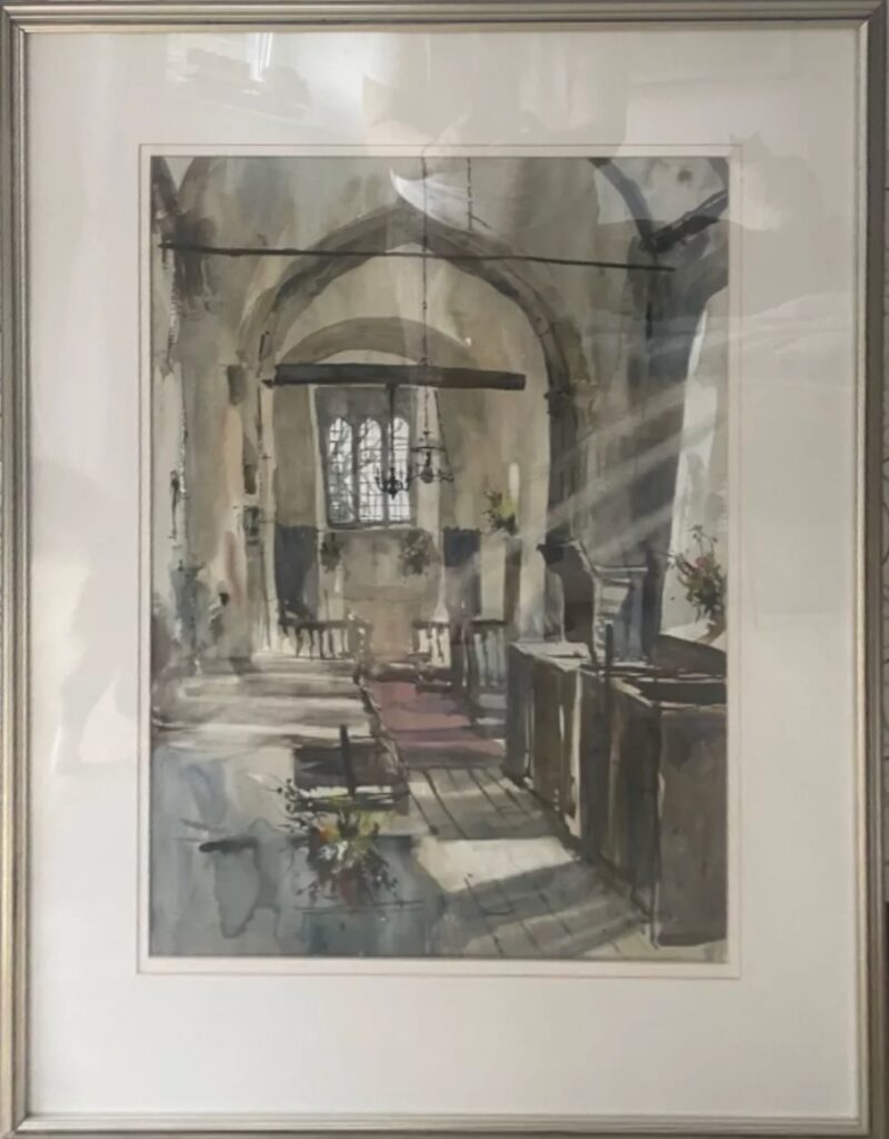 John hoar Church interior grand Gothic romantic light nave apse wedding ceremony contemporary watercolour for sale