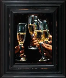 Fabian Perez champagne glasses summer enjoyable creamy caramel tones contemporary still life for sale