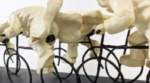 Mackenzie Thorpe sculpture white black plinth resin contemporary figurative cyclists peloton for sale