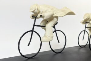 Mackenzie Thorpe sculpture white black plinth resin contemporary figurative cyclists peloton for sale