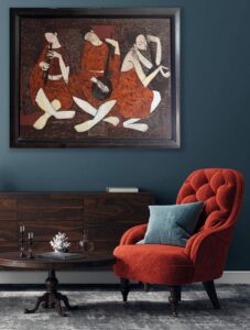 Kelyne oil painting canvas three figures eastern influence orientalism picasso modern abstraction seated women large scale for sale contemporary figurative