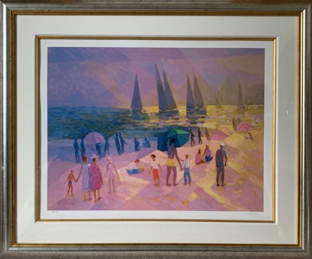 Constantine Cherkas seascape landscape boats figures beach summer time hot white sand evening golden hour purple pink sky sails