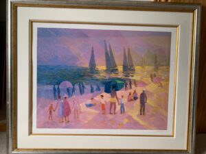 Constantine Cherkas seascape landscape boats figures beach summer time hot white sand evening golden hour purple pink sky sails