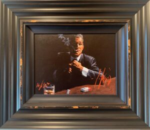 Fabian Perez man smoking red bar table alone mysterious vignette limited edition hand embellished red night time