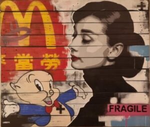 Lhouette street art upcycled wood palette audrey hepburn cartoon mcdonalds characters film tv pop culture modern art sale