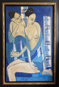 Kelyne Picasso abstract contemporary oil canvas blue painting nude women modern striking large scale figurative