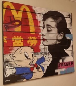 Lhouette street art upcycled wood palette audrey hepburn cartoon mcdonalds characters film tv pop culture modern art sale