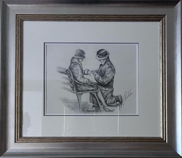 Jeff Rowland pencil sketch better together engagement proposal park bench young couple vintage monochrome black white