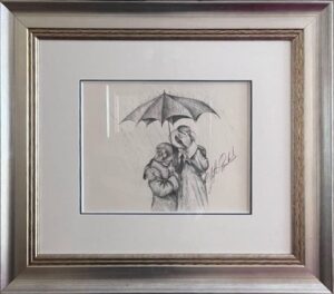 Jeff Rowland engagement married couple couple under umbrella rainy day monochrome black white grey sketch pencil paper