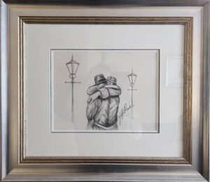 Jeff Rowland pencil paper sketch original elegant framed mounted signed monochrome engagement happy couple hug for sale