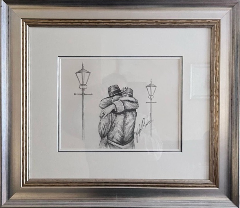 Jeff Rowland pencil paper sketch original elegant framed mounted signed monochrome engagement happy couple hug for sale