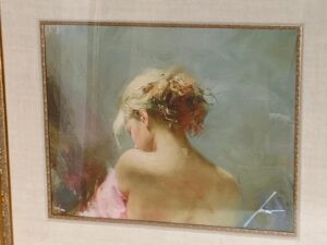 Pino Daeni bust back woman updo flowers hair may queen orange warm tones nude blue background contemporary figurative for sale