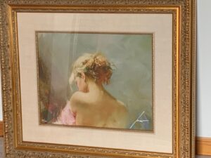 Pino Daeni bust back woman updo flowers hair may queen orange warm tones nude blue background contemporary figurative for sale