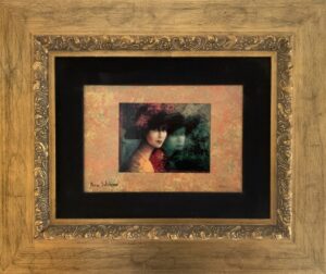 Rina Sutzkever eastern influence orange red women portraits bust ethereal magical green birds doves golden gilded frame