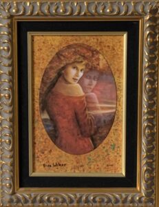 Rina Sutzkever eastern influence orange red women portraits bust ethereal magical green birds doves golden gilded frame