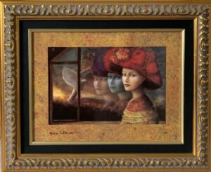 Rina Sutzkever eastern influence orange red women portraits bust ethereal magical green birds doves golden gilded frame