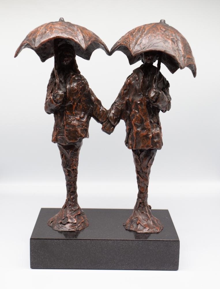 Bob Barker bronze sulpture heart umbrella couple romantic walk small cpntemporary figurative for sale collectable