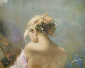 Pino Daeni bust back woman updo flowers hair may queen orange warm tones nude blue background contemporary figurative for sale