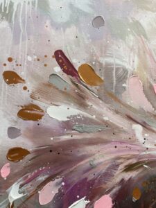 abstract painting with splashes of pink, brown, and white colors