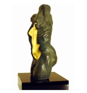 Sculpture by Lorenzo Quinn titled 'Adam & Eve', featuring an abstract depiction of male and female forms intertwined.