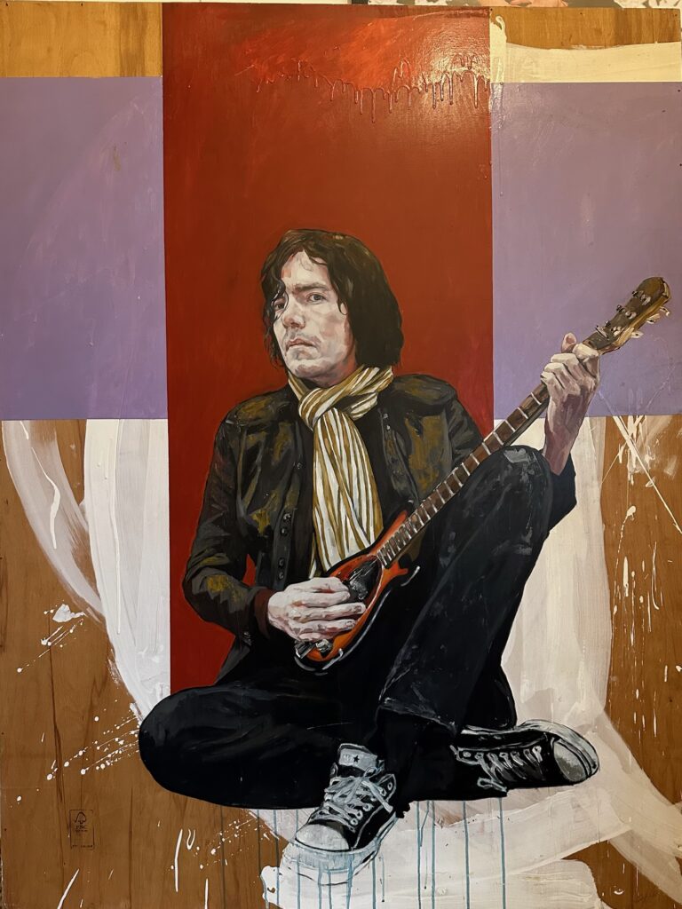 painting of a person with a mandolin sitting cross-legged on a multicolored background