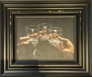 Three hands holding whiskey glasses, artwork Study for Whiskey by Fabian Perez, framed in a dark ornate frame.