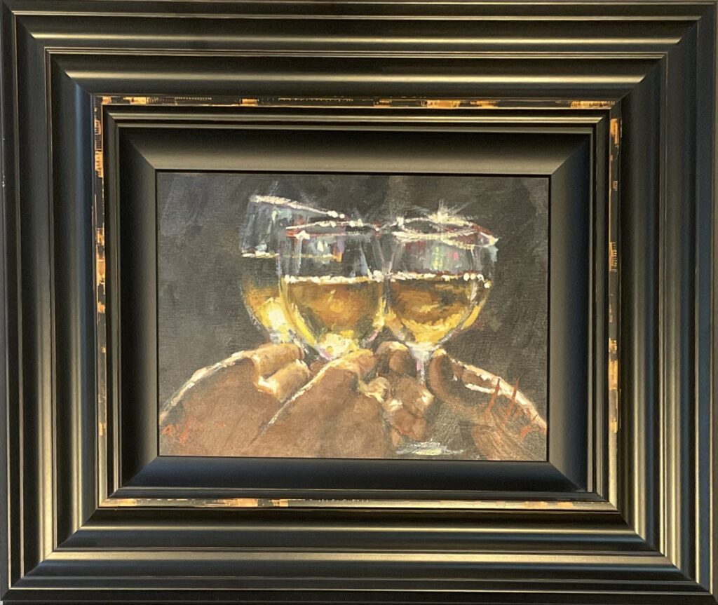 painting of hands holding three wine glasses filled with a light beverage