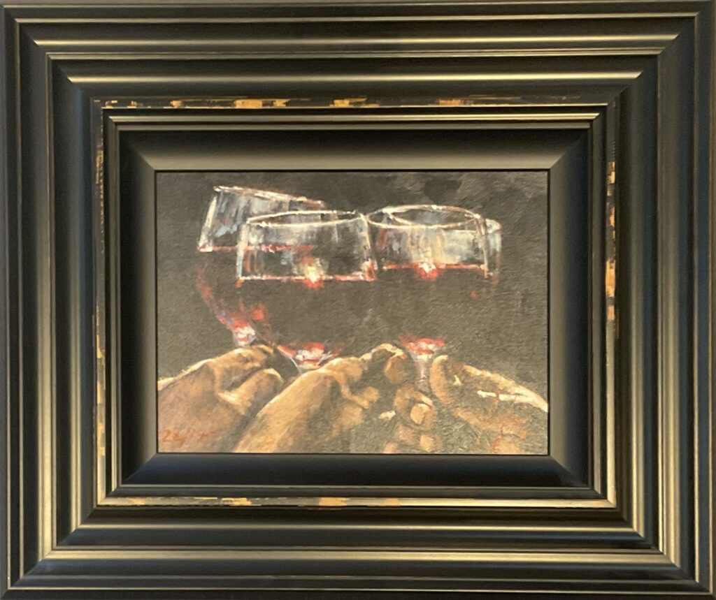 painting of hands holding glasses of wine