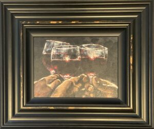 painting of hands holding glasses of wine