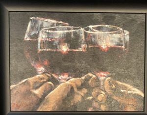 painting of three wine glasses being clinked together