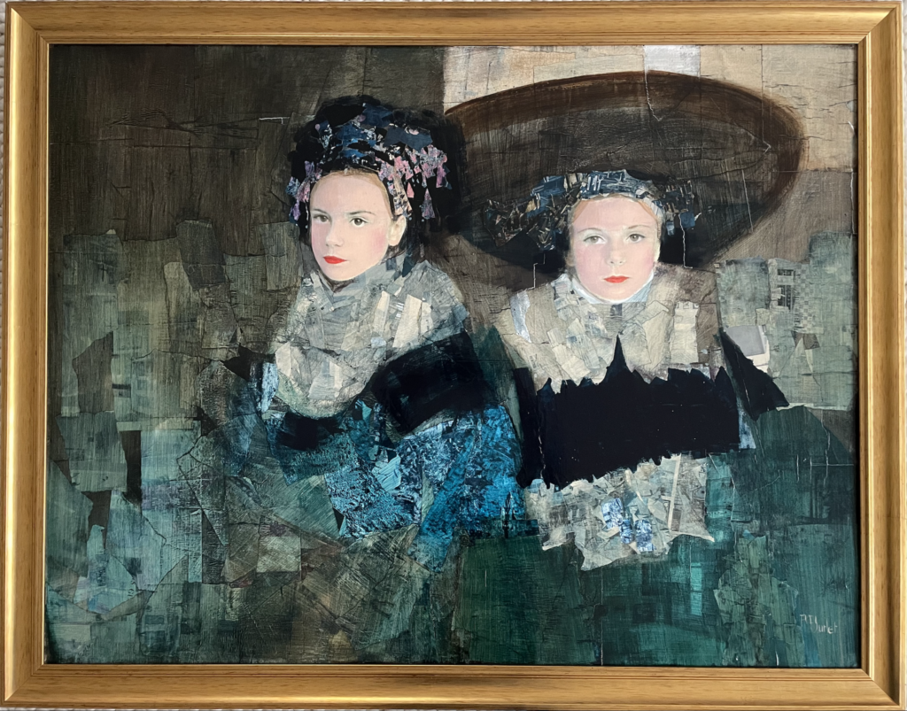 Painting titled 'Les Filles de Haarlem' by Richard Burlet, depicting two women with hats and ruffled collars set against a textured background.