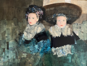 Two women with intricate clothing and large hats in a painting by Richard Burlet