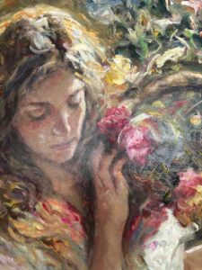 painting of a woman holding flowers with soft, impressionistic brush strokes