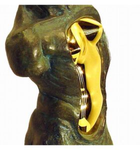 sculpture of abstract humanoid figures with golden interior by Lorenzo Quinn