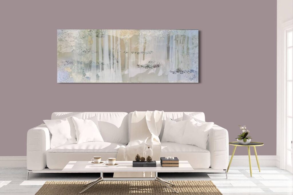 abstract painting titled 'Sweet Rain' by Jessica Zoob displayed above a white sofa