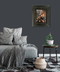 Interior living room with artwork titled 'Saba on the Stairs' by Fabian Perez displayed on the wall