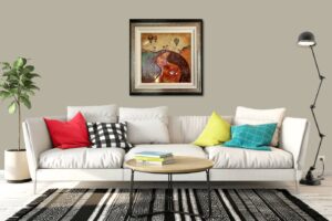 Living room with a framed artwork by Kerry Darlington on the wall above a white sofa with colorful pillows and a modern floor lamp