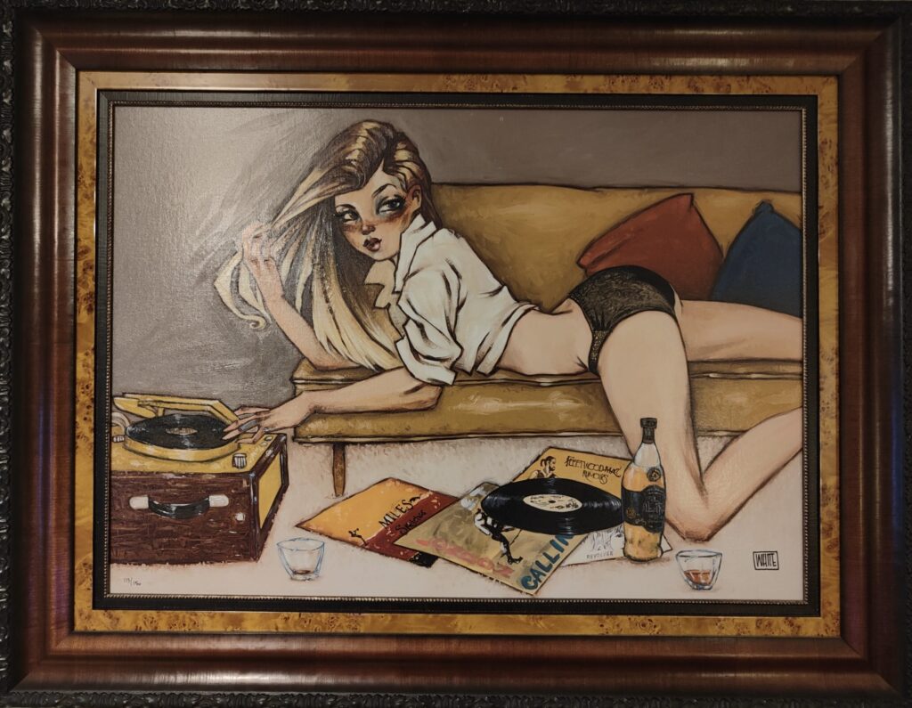 artwork of woman on couch with vinyl records and retro record player