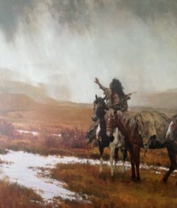 painting of a Native American on horseback raising an arm towards a cloudy sky over a vast landscape