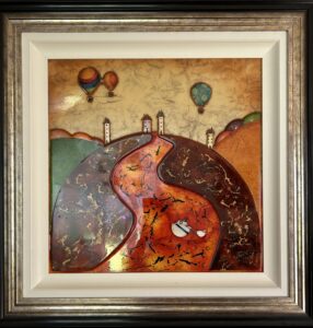 abstract landscape painting by Kerry Darlington with hot air balloons and a winding path