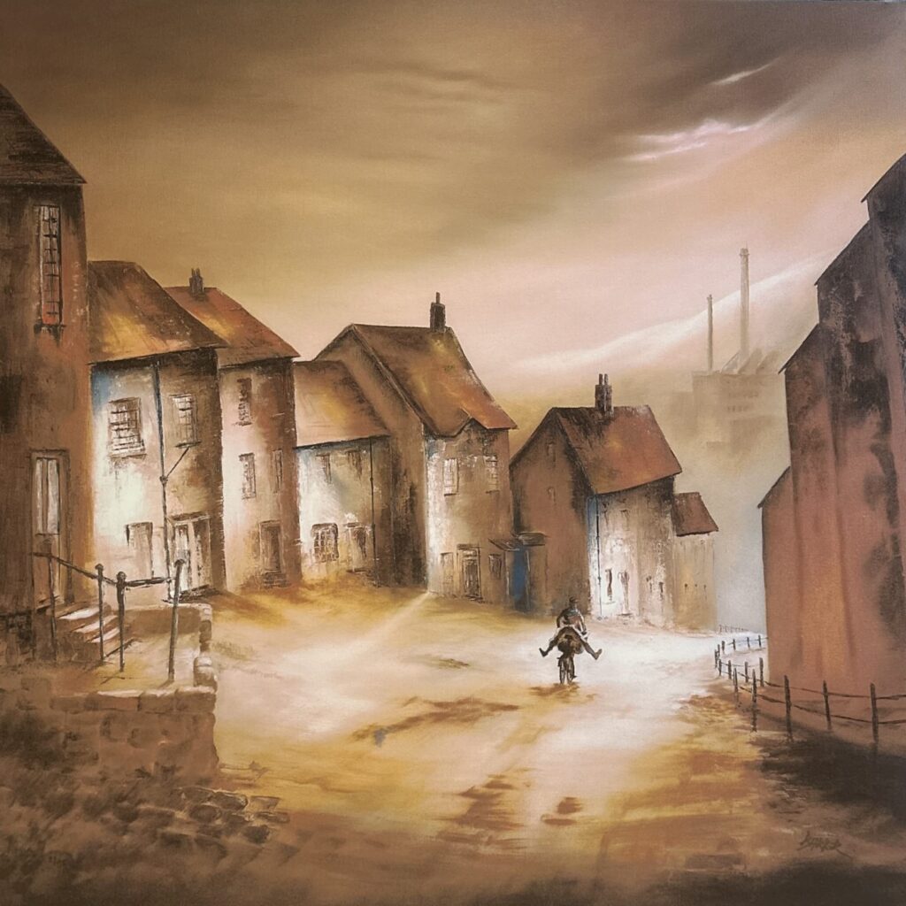 painting of a sloping village street with a solitary figure