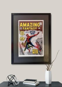 Framed comic book cover of Amazing Fantasy #15 featuring Spider-Man