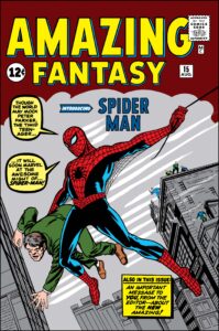 Cover of 'Amazing Fantasy #15' comic featuring Spider-Man swinging through a city with a man in his grasp.