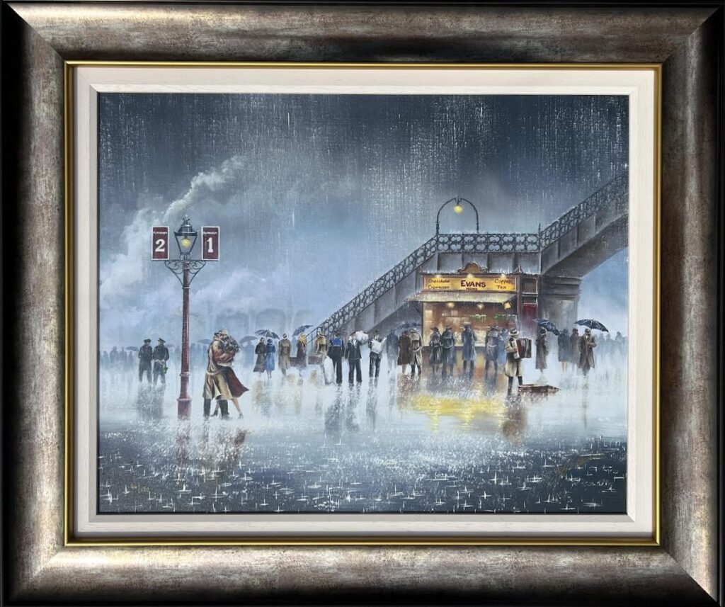 romantic rain-soaked cityscape painting with clock and bridge