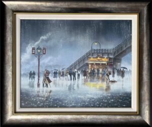 romantic rain-soaked cityscape painting with clock and bridge