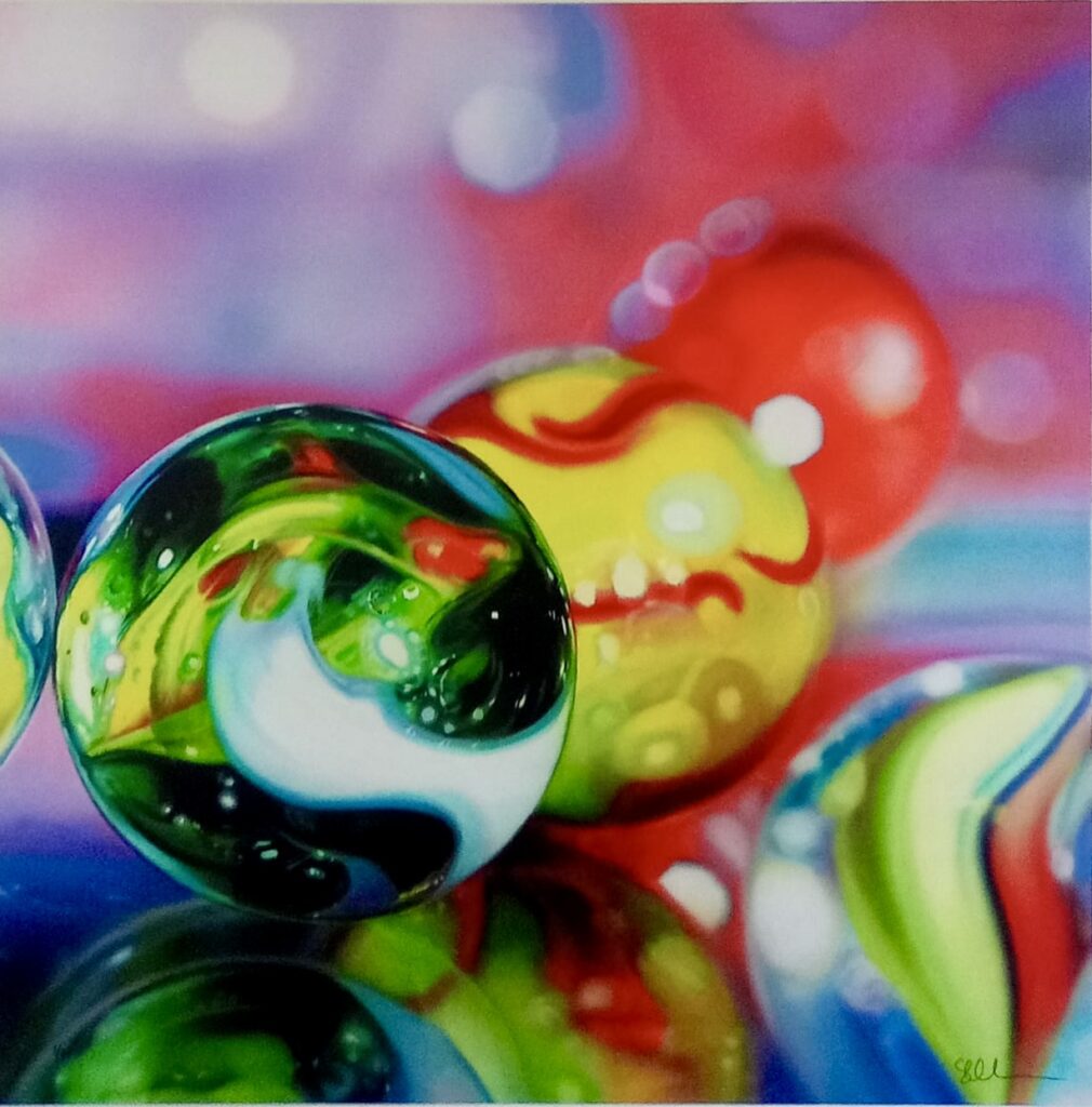 hyperrealistic artwork of marbles with vibrant patterns and reflections
