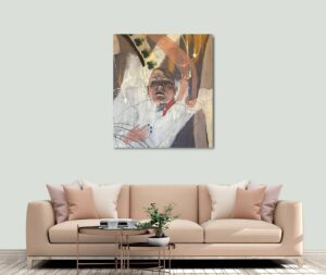 abstract painting titled Adriana Lecouvreur by Zachary Walsh displayed above a beige sofa with decorative pillows